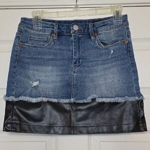 Blank NYC Denim And Black Faux Leather Distressed Mini Skirt Grunge Punk Goth